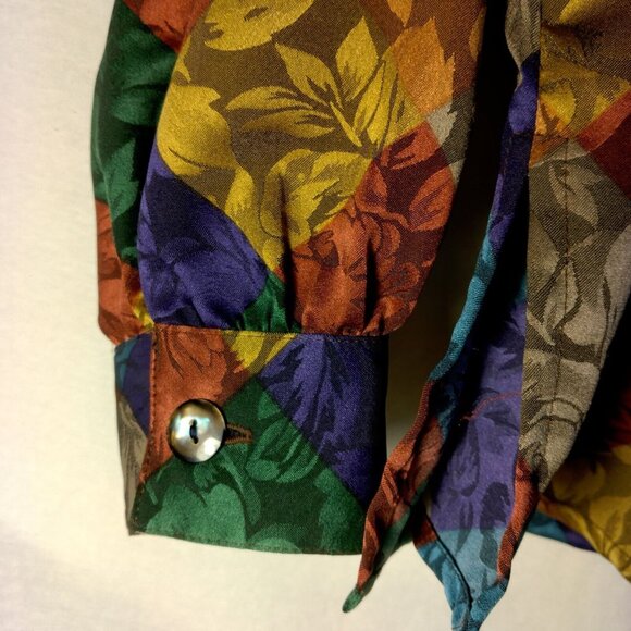 La Chine Classic Blouse Size 12 Satin Polyester Patch Look Rose Long Slv Vintage - Picture 11 of 16